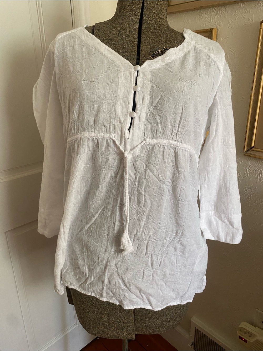 Eddie Bauer White Gauze Cotton Peasant Tunic Size L Boho Coastal Grandma Beach